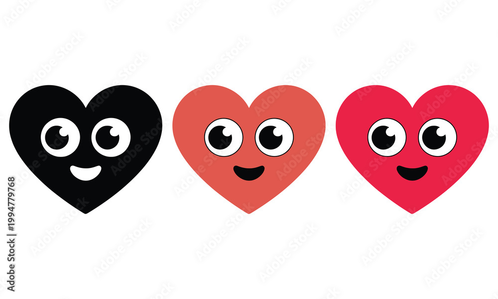 Fototapeta premium Three expressive hearts with animated faces showing varying emotions