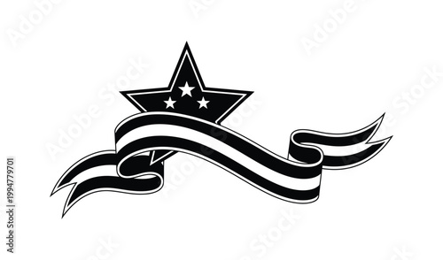 Black and white illustration of a star with three smaller stars and a flowing ribbon, vintage tattoo style design.