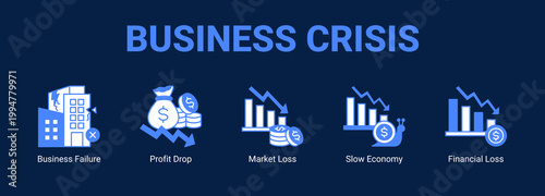 Business Crisis web banner icon concept, with Business Failure, Profit Drop, Market Loss, Slow Economy.