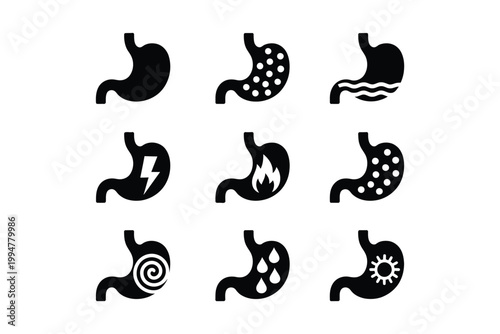 Stomach icon vector illustration showing various gastric conditions and symptoms in clean style isolated on white background for medical use
