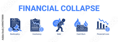 Financial Collapse web banner icon concept, with Bankruptcy, Insolvency, Debt, Cash Burn.