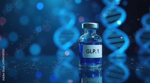 A vial labeled glp 1 against dna helix background filled with blue liquid symbolizing biotechnology development, medical research, obesity treatment and breakthrough in metabolic health