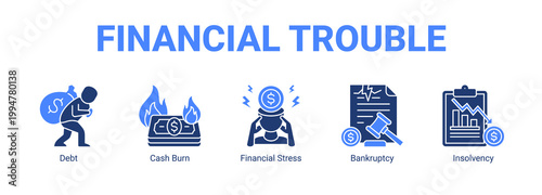 Financial Trouble web banner icon concept, with Debt, Cash Burn, Financial Stress.