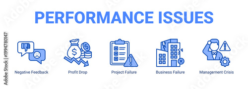 Performance Issues web banner icon concept, with Negative Feedback, Profit Drop, Project Failure, Business Failure.
