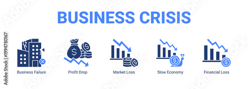 Business Crisis web banner icon concept, with Business Failure, Profit Drop, Market Loss, Slow Economy.