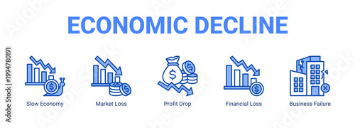 Economic Decline web banner icon concept, with Slow Economy, Market Loss, Profit Drop, Financial Loss.