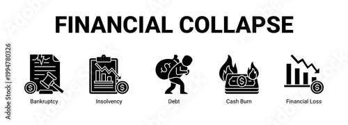 Financial Collapse web banner icon concept, with Bankruptcy, Insolvency, Debt, Cash Burn.