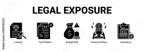 Legal Exposure web banner icon concept, with Lawsuit, Tax Problem, Budget Risk, Financial.