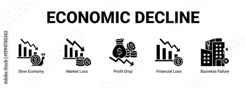 Economic Decline web banner icon concept, with Slow Economy, Market Loss, Profit Drop, Financial Loss.