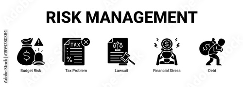 Risk Management web banner icon concept, with Budget Risk, Tax Problem, Lawsuit, Financial.