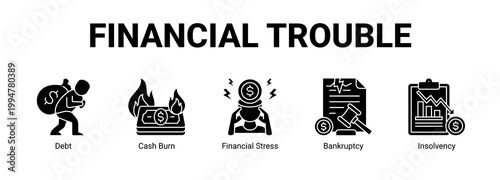 Financial Trouble web banner icon concept, with Debt, Cash Burn, Financial Stress.