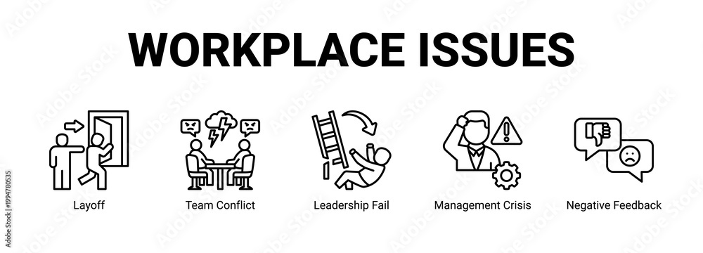 Obraz premium Workplace Issues web banner icon concept, with Layoff, Team Conflict, Leadership Fail, Management Crisis.