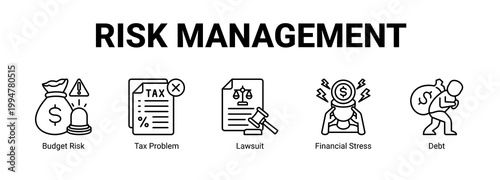 Risk Management web banner icon concept, with Budget Risk, Tax Problem, Lawsuit, Financial.