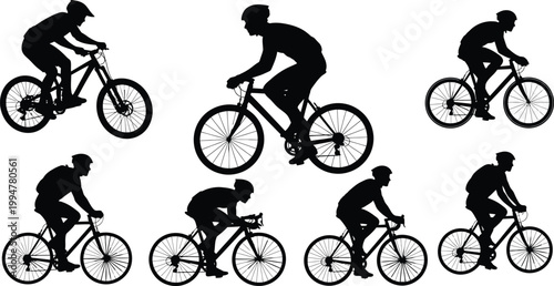 Silhouette cyclists riding different bicycles isolated on white background, Vector