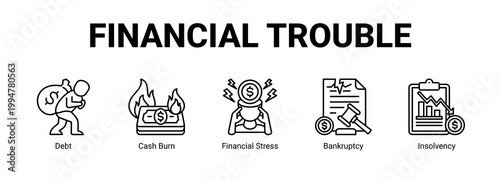 Financial Trouble web banner icon concept, with Debt, Cash Burn, Financial Stress.
