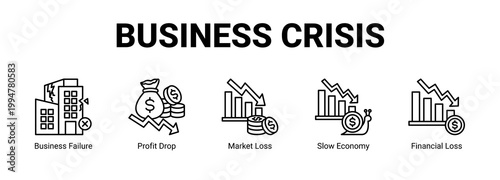 Business Crisis web banner icon concept, with Business Failure, Profit Drop, Market Loss, Slow Economy.