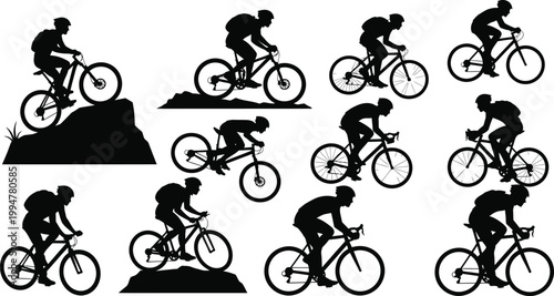 Cyclist performing various mountain biking stunts isolated on white background, Vector