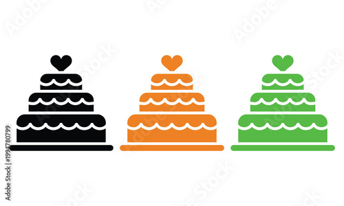 Three-tiered wedding cakes with heart toppers in different colors