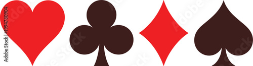 Playing, card suits icon set featuring hearts, diamonds, clubs, and spades in clean red and black flat vector style ideal for casino graphics, gaming apps, and card themed design projects.