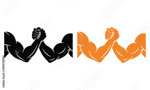 Contrast of muscular arms in black and white versus orange and yellow tones