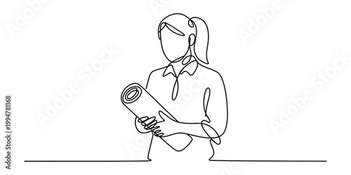 Woman holding a yoga mat continuous line drawing