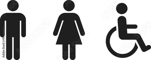 WC restroom sign icon set with male, female and wheelchair symbols. Vector toilet signage for public bathrooms, accessibility, facilities navigation and wayfinding indicators.