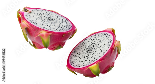 Fresh Sliced Dragon Fruit Halves Isolated on White Background - Tropical Pitaya with White Pulp and Black Seeds