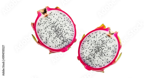 Fresh Dragon Fruit Halves Isolated on White Background - Pitaya Slices with White Flesh and Black Seeds