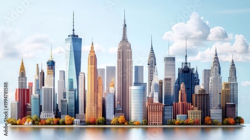 A panorama of skyscrapers by the water, set against a backdrop of autumnal trees, provides a majestic backdrop for architecture, urban development, investment or dreams  