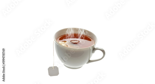 Hot Steaming Cup of Black Tea with Teabag Isolated on White Background