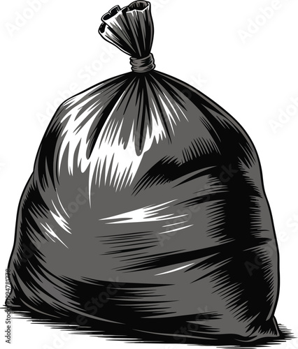 Full black garbage bag icon for waste collection cleanup service environmental hygiene plastic sack for household rubbish and industrial debris.