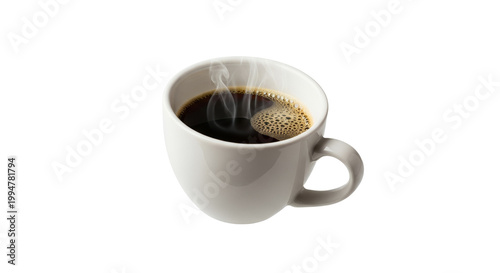 Hot Black Coffee in White Ceramic Cup with Steam and Foam Isolated on White Background