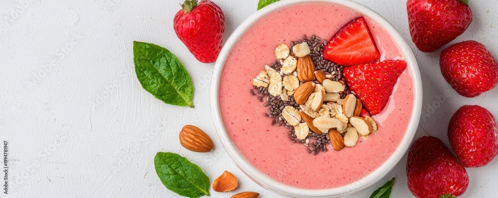 Fototapeta premium A pink smoothie bowl topped with strawberries, almonds, oats, and chia seeds, surrounded by fresh strawberries and spinach leaves on a white surface.
