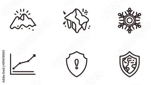Climate Change Icons: Set of elegant line icons illustrating environmental concepts, symbolizing the urgency of climate change, the fragility of nature, and the importance of ecological preservation.