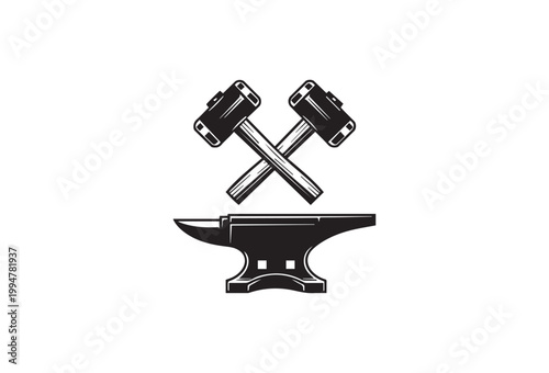 Blacksmith tools, hammer and anvil icons, industrial symbols, metalwork emblems