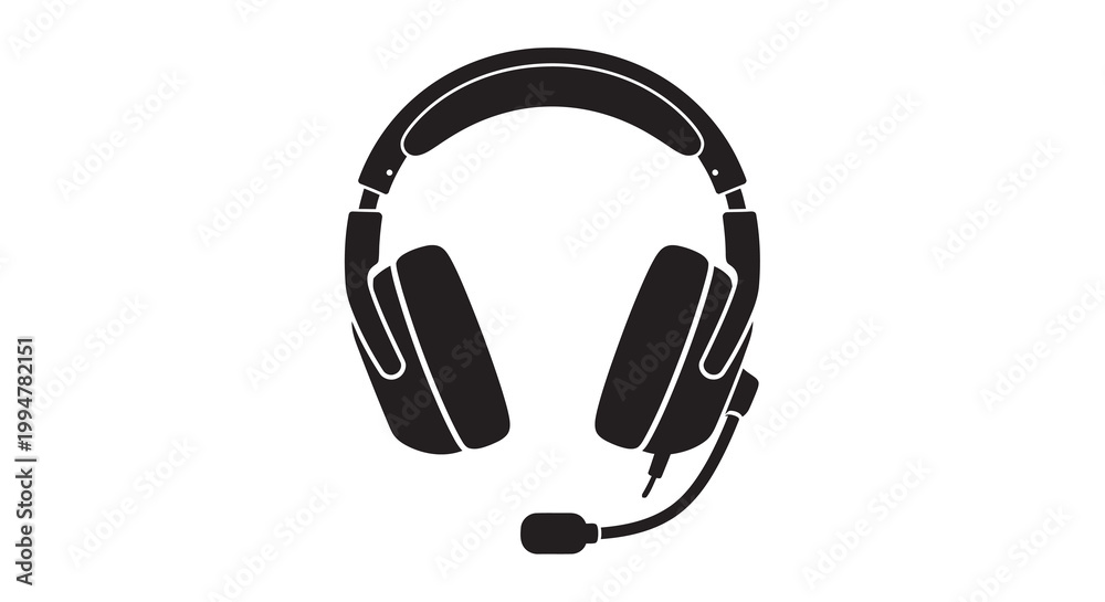 Fototapeta premium Black silhouette of over ear headphones with attached microphone shown
