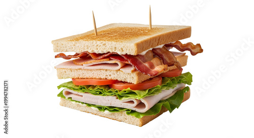Delicious Triple Decker Club Sandwich with Crispy Bacon, Ham, Turkey, Lettuce, and Tomato Isolated on White Background