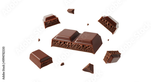 Falling Pieces of Aerated Milk Chocolate with Bubbly Texture Isolated on White Background