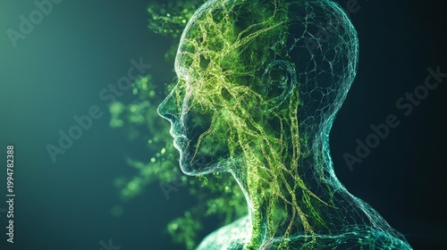 A transparent human silhouette with green neural networks inside the head – a futuristic backdrop for artificial intelligence, consciousness, biotechnology or the convergence of mind and nature.