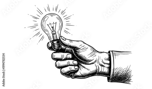 Idea Concept Hand Holding Light Bulb – Sketch Vector Business Innovation Symbol