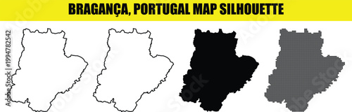 Braganca portugal map silhouette vector illustration in white outline filled and dotted styles.