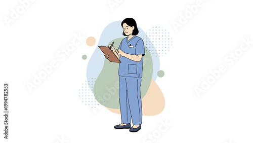 Nurse Writing Notes on Clipboard, Medical Professional in Scrubs, Healthcare Illustration