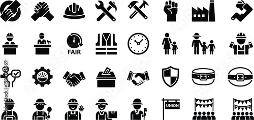 Collection of black and white icons representing various professions and symbols