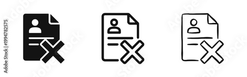 CV rejection or document error icon set in flat, outline, and hand-drawn styles