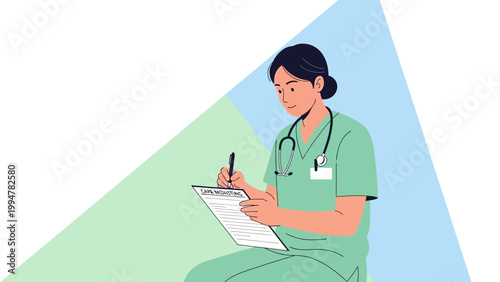 Nurse Writing Notes on Clipboard, Stethoscope Around Neck, Medical Concept