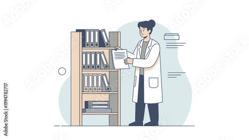 Scientist organizing files in a library, medical research, information management