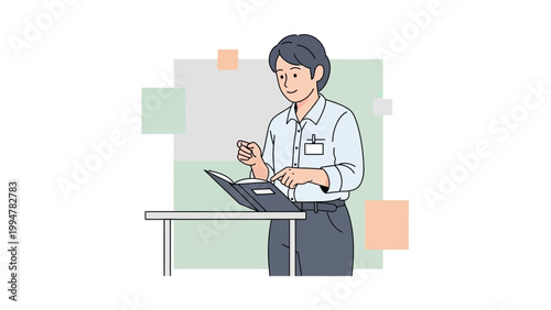 Teacher or presenter with book at podium, educational concept