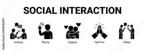 Social Interaction web banner icon concept, with Greeting, Waving, Hugging, High.