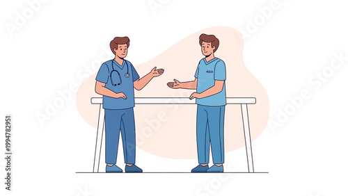 Two doctors in blue scrubs discussing medical information at a table