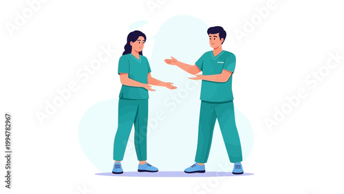 Two doctors in green scrubs discussing, isolated on white background